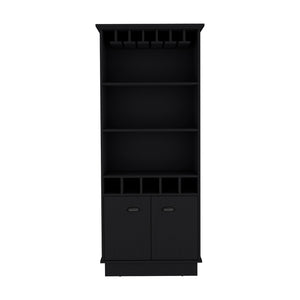 English Elm Bar Cabinet Taholah Black Engineered Wood with Glassware Rack, Concealed Storage & Versatile Shelving B092S00257