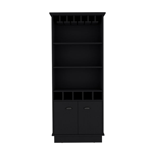 English Elm Bar Cabinet Taholah Black Engineered Wood with Glassware Rack, Concealed Storage & Versatile Shelving B092S00257