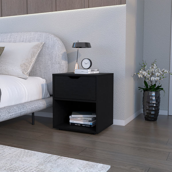 English Elm Nightstand Altheimer Black - Engineered Wood Bedside Table with Drawer & Open Shelf, Sturdy Design B092P160293