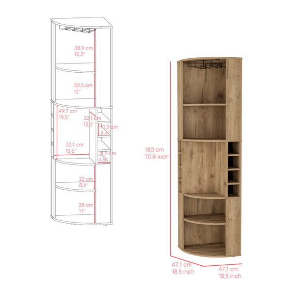 English Elm Bar Cabinet Jansen Macadamia Corner Bar Cabinet with Glass Rack, Beige Engineered Wood, Space-Saving B092S00261