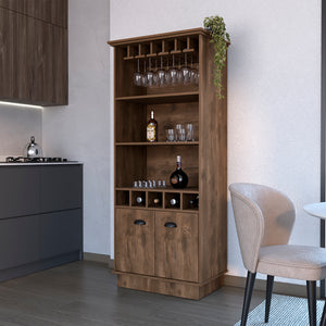 English Elm Bar Cabinet Taholah Dark Brown – Engineered Wood Bar with Glass Rack, Concealed Storage & Shelves for Entertaining (68.5"x22") B092S00256