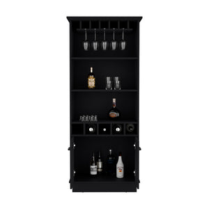 English Elm Bar Cabinet Taholah Black Engineered Wood with Glassware Rack, Concealed Storage & Versatile Shelving B092S00257