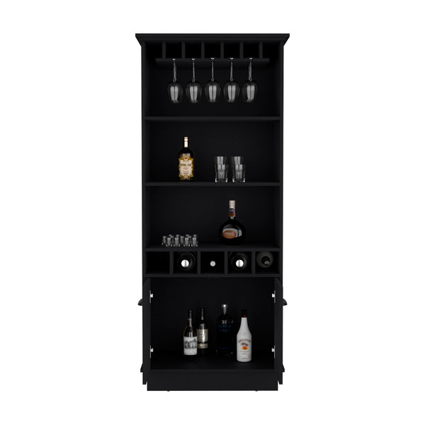 English Elm Bar Cabinet Taholah Black Engineered Wood with Glassware Rack, Concealed Storage & Versatile Shelving B092S00257
