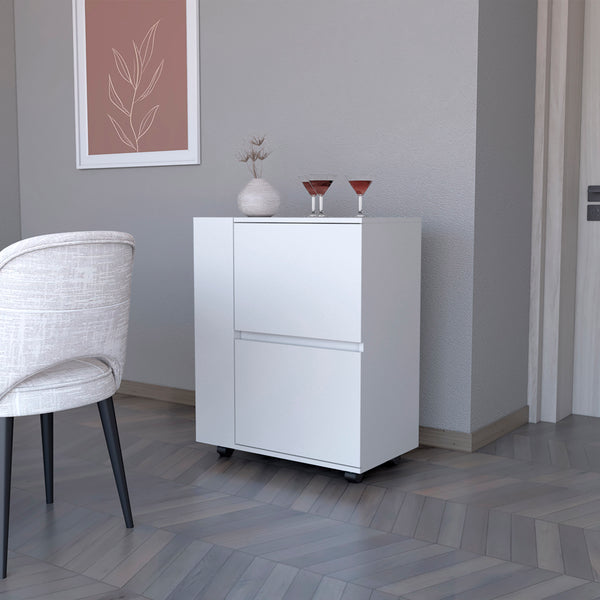 English Elm Bar Cart Belleville White Engineered Wood Mobile Bar with Dual Cabinet Storage, Versatile Living Room Unit Durable Wheels B092P160272