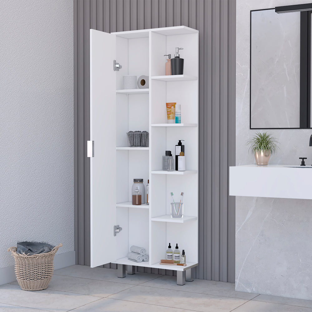 English Elm Linen Sandy Tall Bathroom Cabinet White – Slim Engineered Wood Storage, Tailored Compartments, Modern Handles B092P160282