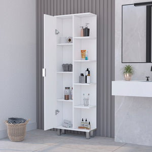 English Elm Linen Sandy Tall Bathroom Cabinet White – Slim Engineered Wood Storage, Tailored Compartments, Modern Handles B092P160282