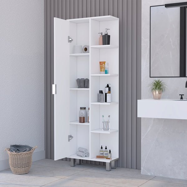 English Elm Linen Sandy Tall Bathroom Cabinet White – Slim Engineered Wood Storage, Tailored Compartments, Modern Handles B092P160282