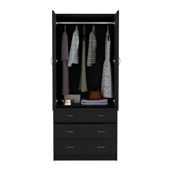 English Elm Armoire Ramey Black: Engineered Wood Closet with Full Hanging Rod, 3 Smooth Drawers & Modern Handles B092S00252