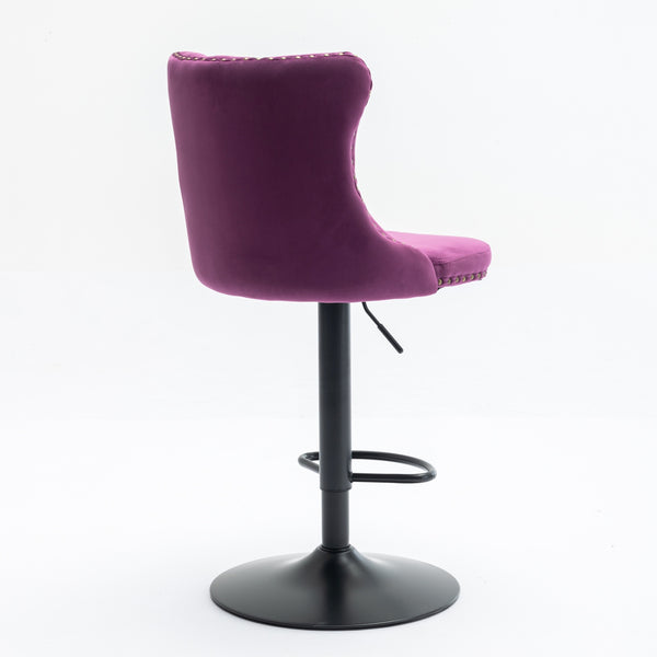 English Elm Swivel Velvet Barstools with Tufted Back and Hand-Hammered Rivets, Adjustable 25–33" Height Purple W1143P151487