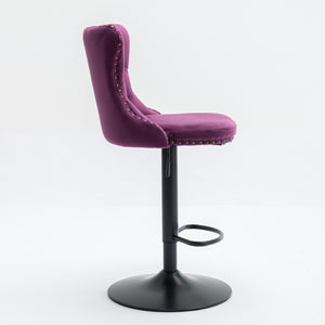 English Elm Swivel Velvet Barstools with Tufted Back and Hand-Hammered Rivets, Adjustable 25–33" Height Purple W1143P151487