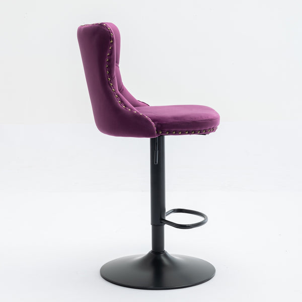 English Elm Swivel Velvet Barstools with Tufted Back and Hand-Hammered Rivets, Adjustable 25–33" Height Purple W1143P151487
