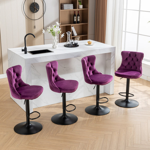English Elm Swivel Handcrafted Tufted Velvet Barstool with Back, Adjustable 25–33" Height, Stable 17.7" Base Purple W1143P151487