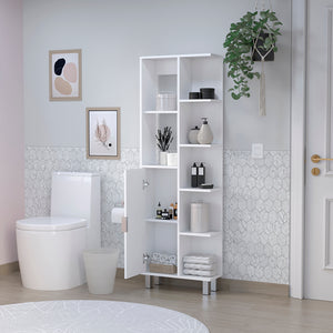 English Elm Linen Cabinet Derby Tall White Engineered Wood - Open Shelves, Concealed Storage, Elevated Legs, Durable B092P160281
