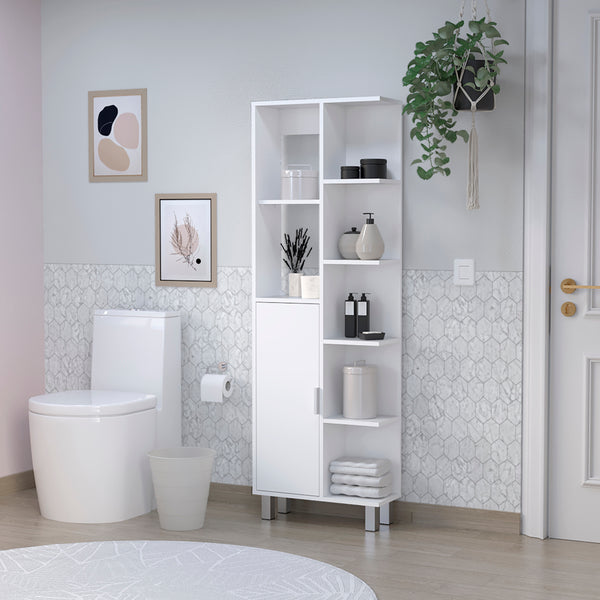 English Elm Linen Cabinet Derby Tall White Engineered Wood - Open Shelves, Concealed Storage, Elevated Legs, Durable B092P160281