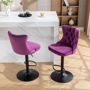 English Elm Swivel Velvet Barstools with Tufted Back and Hand-Hammered Rivets, Adjustable 25–33" Height Purple W1143P151487