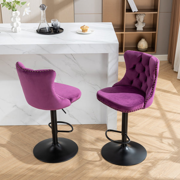 English Elm Swivel Velvet Barstools with Tufted Back and Hand-Hammered Rivets, Adjustable 25–33" Height Purple W1143P151487