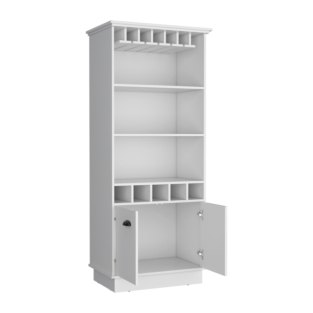 English Elm Bar Cabinet Taholah White — Engineered Wood Bar with Hanging Glass Rack, Concealed Storage & Shelves B092S00255