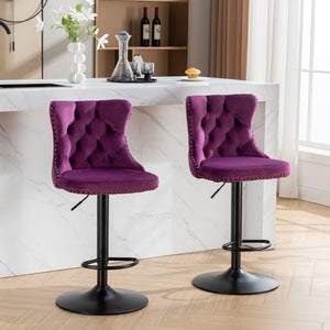 English Elm Swivel Velvet Barstools with Tufted Back and Hand-Hammered Rivets, Adjustable 25–33" Height Purple W1143P151487