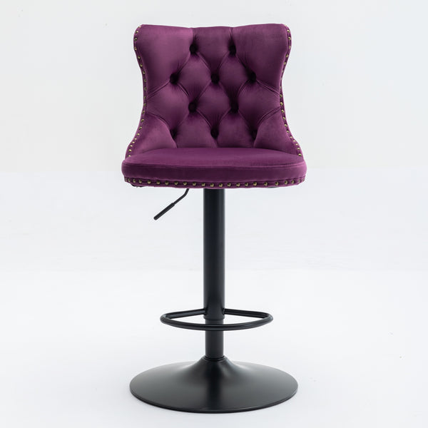 English Elm Swivel Velvet Barstools with Tufted Back and Hand-Hammered Rivets, Adjustable 25–33" Height Purple W1143P151487