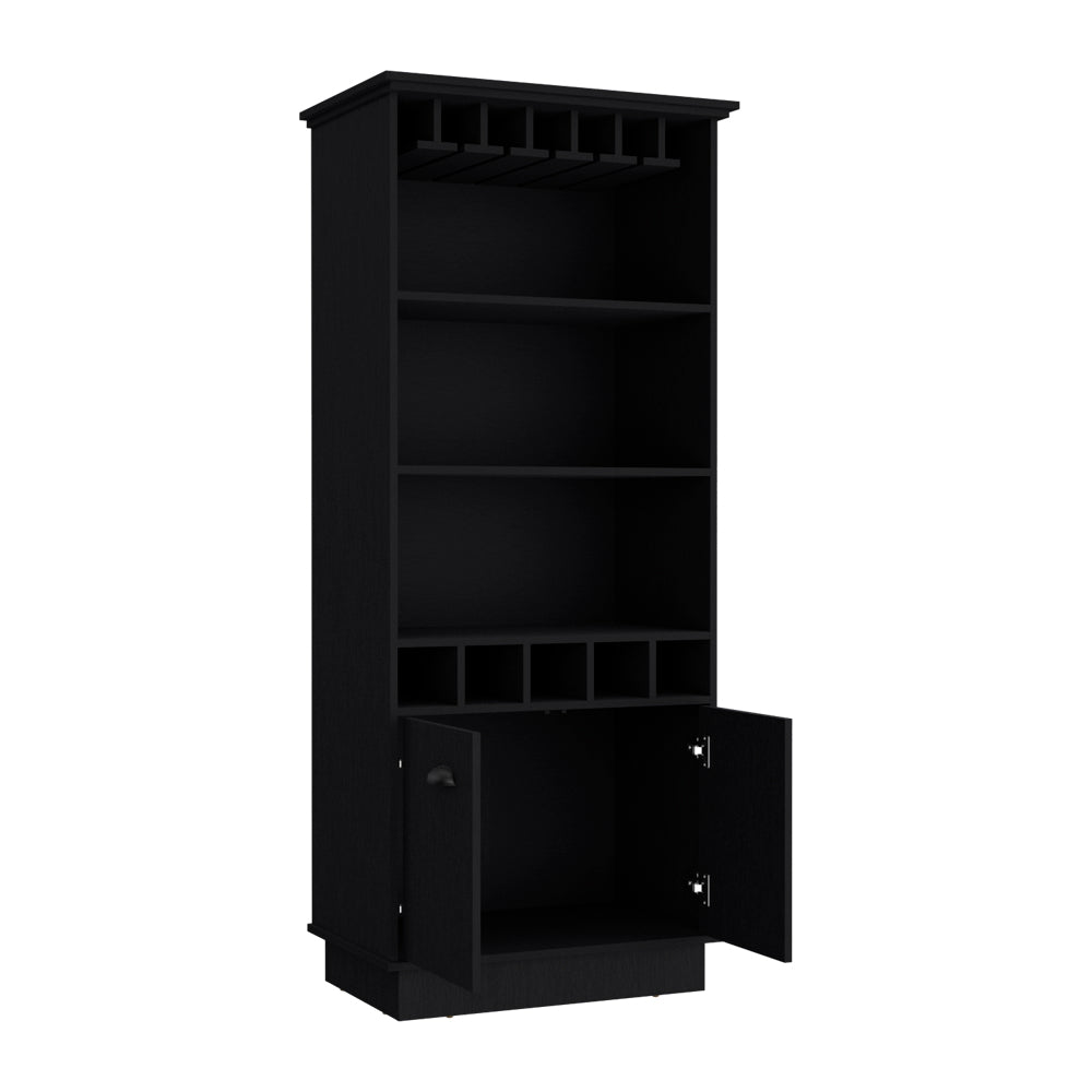 English Elm Bar Cabinet Taholah Black Engineered Wood with Glassware Rack, Concealed Storage & Versatile Shelving B092S00257