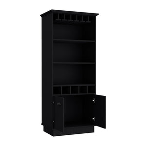 English Elm Bar Cabinet Taholah Black Engineered Wood with Glassware Rack, Concealed Storage & Versatile Shelving B092S00257