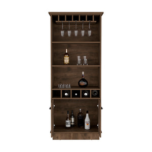 English Elm Bar Cabinet Taholah Dark Brown – Engineered Wood Bar with Glass Rack, Concealed Storage & Shelves for Entertaining (68.5"x22") B092S00256