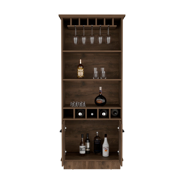 English Elm Bar Cabinet Taholah Dark Brown – Engineered Wood Bar with Glass Rack, Concealed Storage & Shelves for Entertaining (68.5"x22") B092S00256