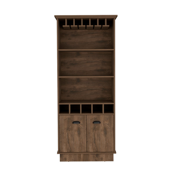 English Elm Bar Cabinet Taholah Dark Brown – Engineered Wood Bar with Glass Rack, Concealed Storage & Shelves for Entertaining (68.5"x22") B092S00256