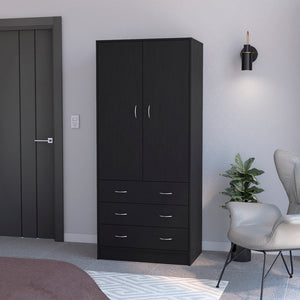English Elm Armoire Ramey Black: Engineered Wood Closet with Full Hanging Rod, 3 Smooth Drawers & Modern Handles B092S00252