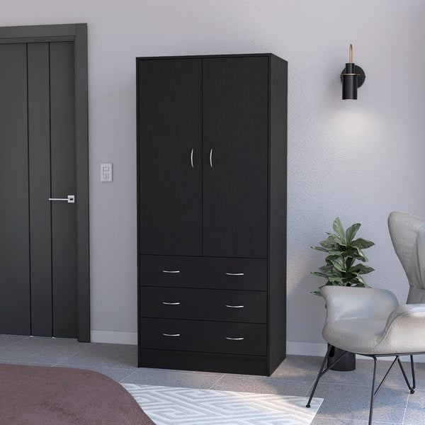 English Elm Armoire Ramey Black: Engineered Wood Closet with Full Hanging Rod, 3 Smooth Drawers & Modern Handles B092S00252