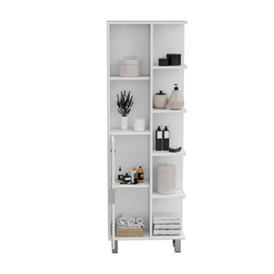 English Elm Linen Cabinet Derby Tall White Engineered Wood - Open Shelves, Concealed Storage, Elevated Legs, Durable B092P160281