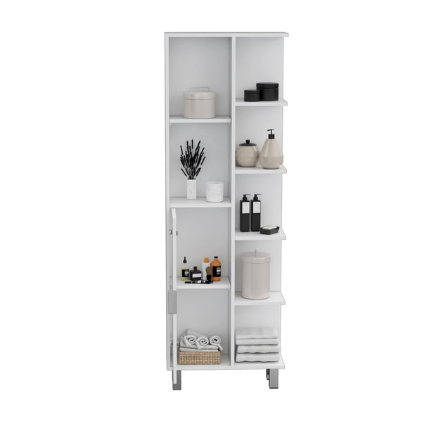 English Elm Linen Cabinet Derby Tall White Engineered Wood - Open Shelves, Concealed Storage, Elevated Legs, Durable B092P160281