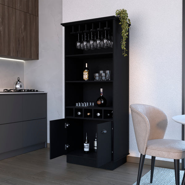 English Elm Bar Cabinet Taholah Black Engineered Wood with Glassware Rack, Concealed Storage & Versatile Shelving B092S00257