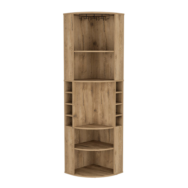 English Elm Bar Cabinet Jansen Macadamia Corner Bar Cabinet with Glass Rack, Beige Engineered Wood, Space-Saving B092S00261