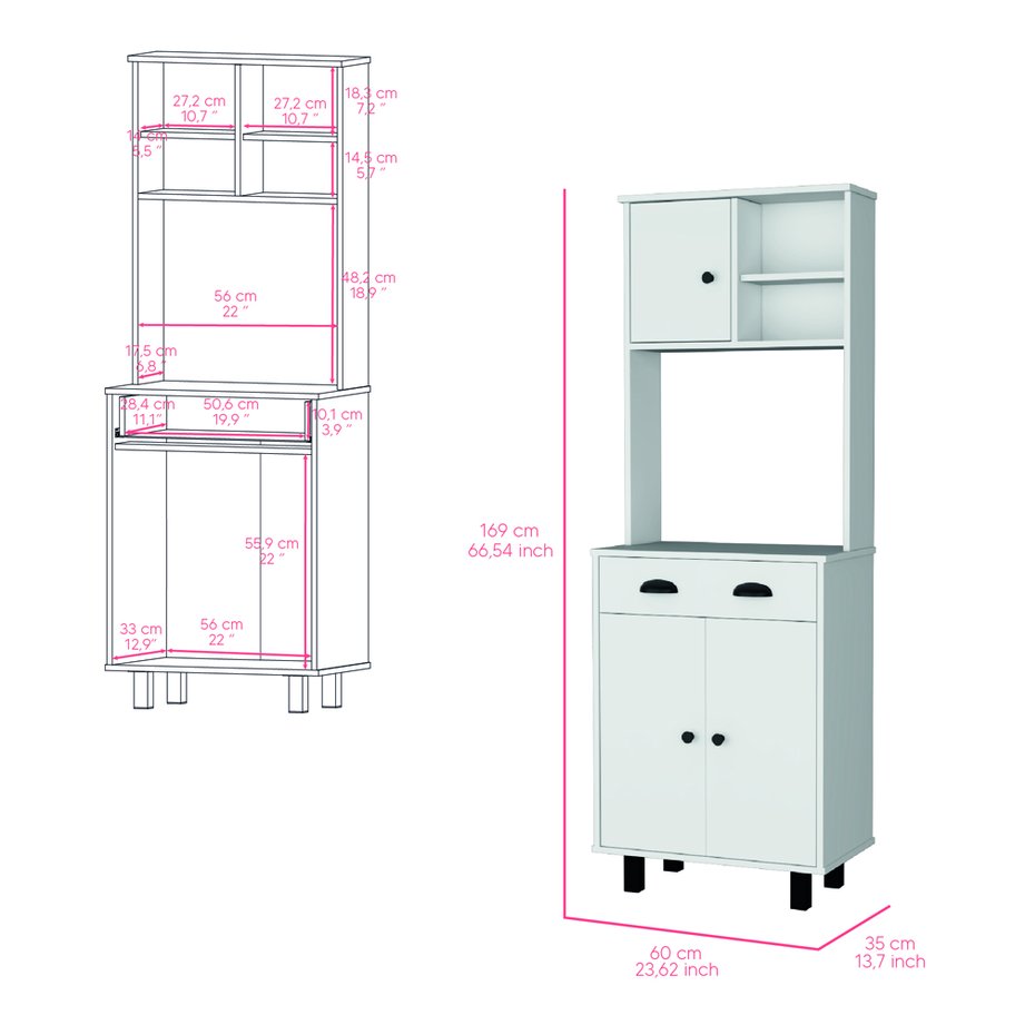 English Elm Kitchen Pantry Naomi White Engineered Wood Microwave Shelf, Pull-Out Drawer, Cabinet, Legs — Durable Storage Organizer B092P160280