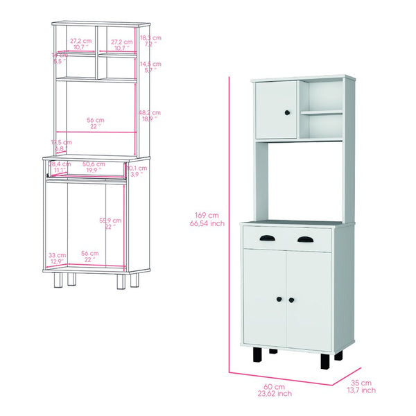 English Elm Kitchen Pantry Naomi White Engineered Wood Microwave Shelf, Pull-Out Drawer, Cabinet, Legs — Durable Storage Organizer B092P160280