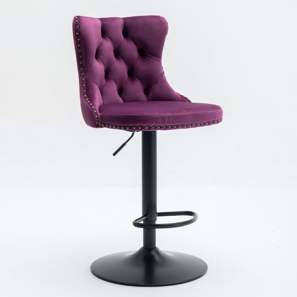 English Elm Swivel Velvet Barstools with Tufted Back and Hand-Hammered Rivets, Adjustable 25–33" Height Purple W1143P151487