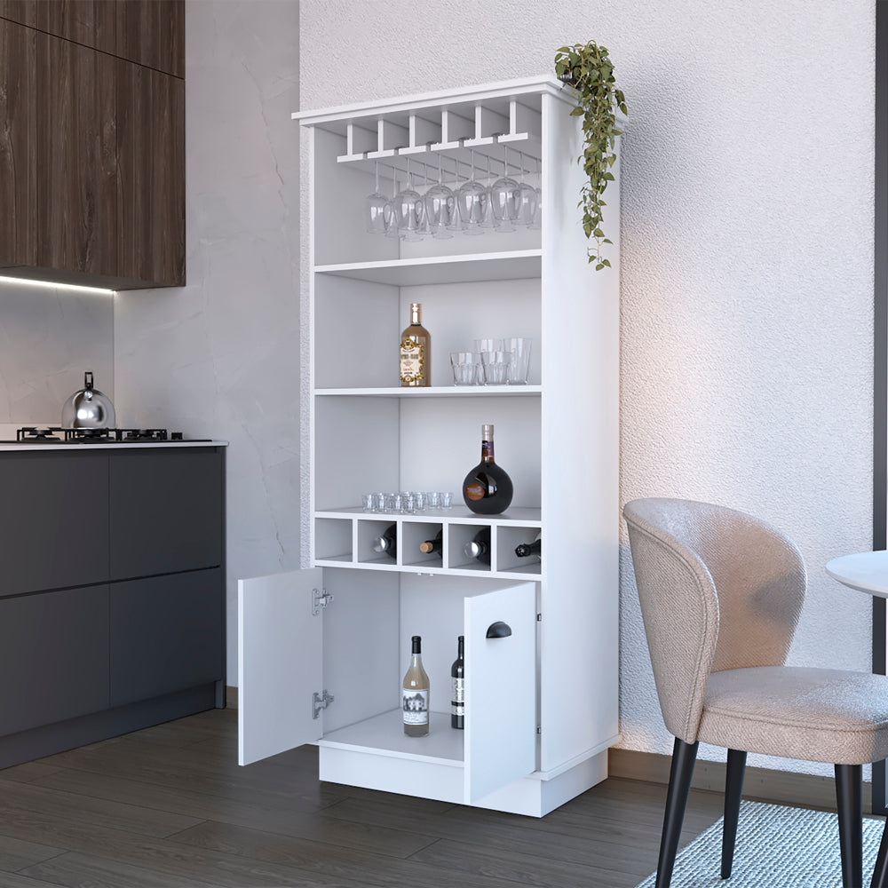 English Elm Bar Cabinet Taholah White — Engineered Wood Bar with Hanging Glass Rack, Concealed Storage & Shelves B092S00255