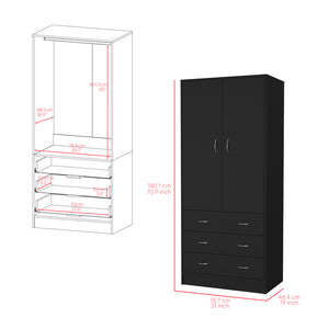 English Elm Armoire Ramey Black: Engineered Wood Closet with Full Hanging Rod, 3 Smooth Drawers & Modern Handles B092S00252