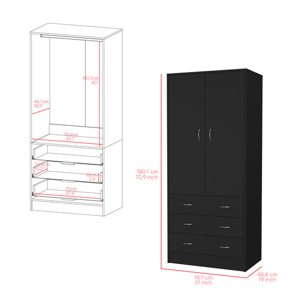 English Elm Armoire Ramey Black: Engineered Wood Closet with Full Hanging Rod, 3 Smooth Drawers & Modern Handles B092S00252
