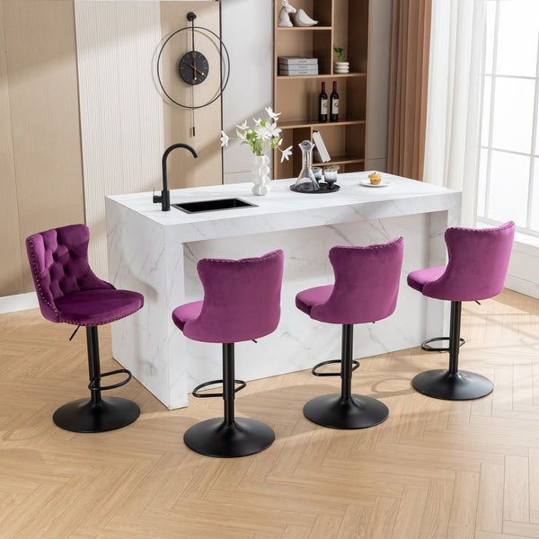 English Elm Swivel Velvet Barstools with Tufted Back and Hand-Hammered Rivets, Adjustable 25–33" Height Purple W1143P151487