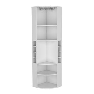 English Elm Bar Cabinet Jansen Corner White — Space-Saving Engineered Wood Bar with Glass Rack, Shelves, Durable Finish B092S00253