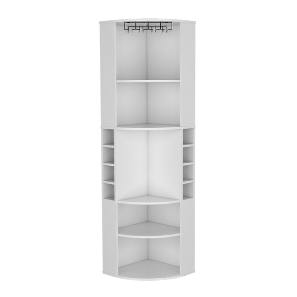 English Elm Bar Cabinet Jansen Corner White — Space-Saving Engineered Wood Bar with Glass Rack, Shelves, Durable Finish B092S00253