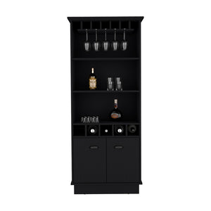 English Elm Bar Cabinet Taholah Black Engineered Wood with Glassware Rack, Concealed Storage & Versatile Shelving B092S00257