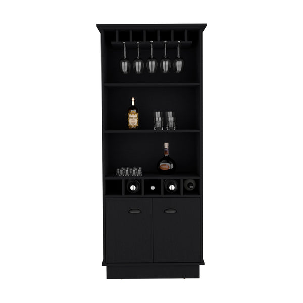 English Elm Bar Cabinet Taholah Black Engineered Wood with Glassware Rack, Concealed Storage & Versatile Shelving B092S00257