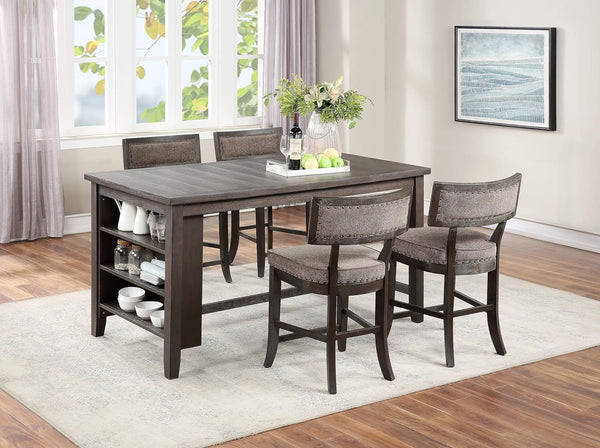 English Elm Dining Room Furniture Counter Height Table Set With Shelves & 4 Cushioned High Chairs In Espresso B011S00790