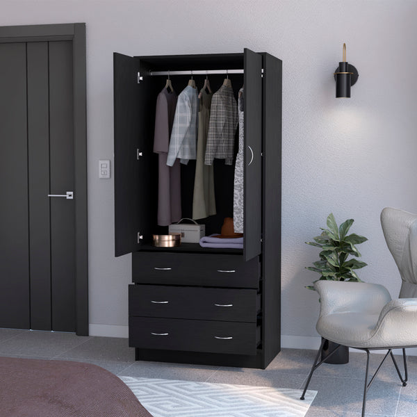English Elm Armoire Ramey Black: Engineered Wood Closet with Full Hanging Rod, 3 Smooth Drawers & Modern Handles B092S00252