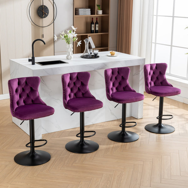 English Elm Swivel Handcrafted Tufted Velvet Barstool with Back, Adjustable 25–33" Height, Stable 17.7" Base Purple W1143P151487