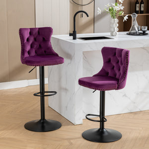 English Elm Swivel Velvet Barstools with Tufted Back and Hand-Hammered Rivets, Adjustable 25–33" Height Purple W1143P151487