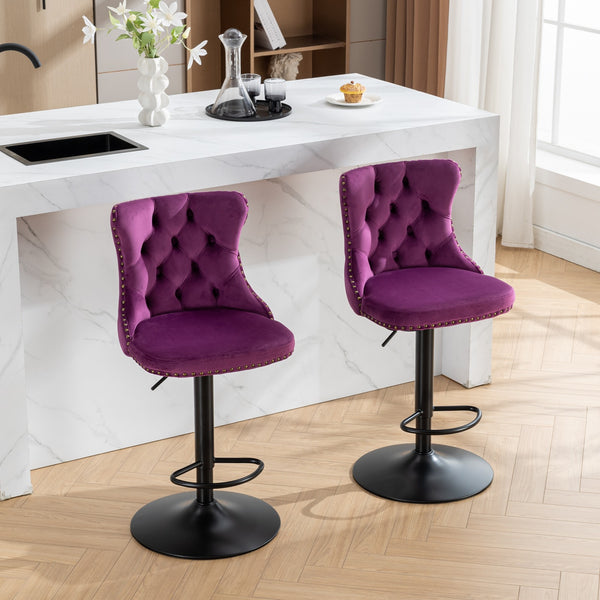 English Elm Swivel Velvet Barstools with Tufted Back and Hand-Hammered Rivets, Adjustable 25–33" Height Purple W1143P151487